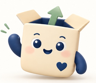 Boxy, a smiling cream box with a sage arrow, waving hello